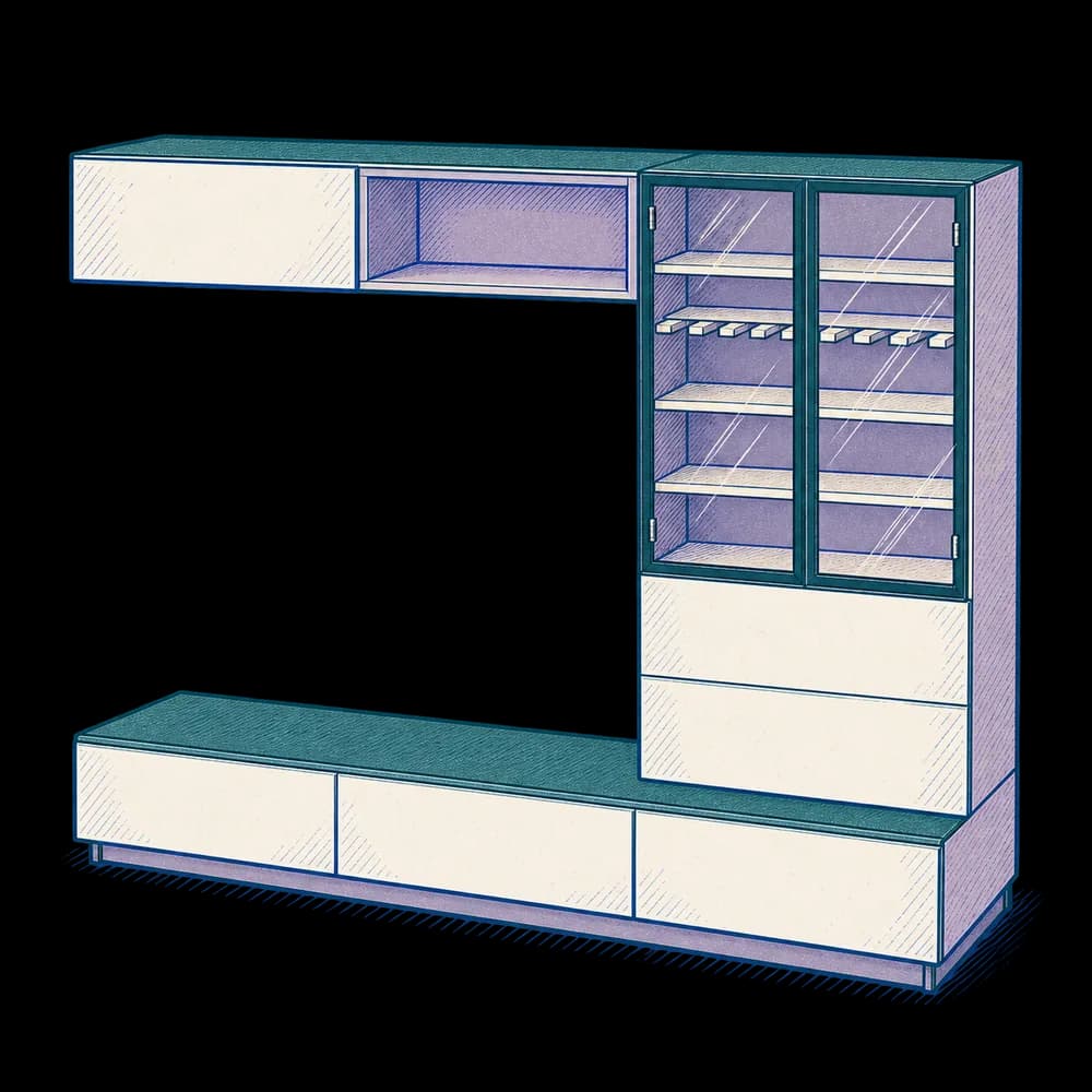 Marea · Mueble de TV con vitrina superior · Relieve