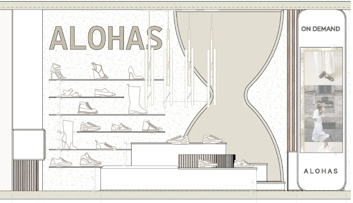 Alohas · El ambiente de venta: las barras de ropa y los pedestales de piedra. · IO's Architecture