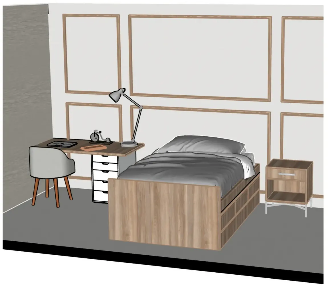 Cuarto de Luciana · La cama nido de 1,40 con el cabecero y las molduras de fondo. · IO's Architecture